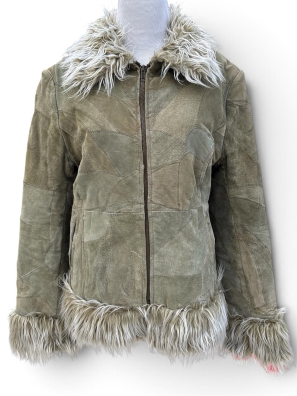 Vintage Atmosphere Olive Green 100% Suede Jacket with Faux Fur Trim